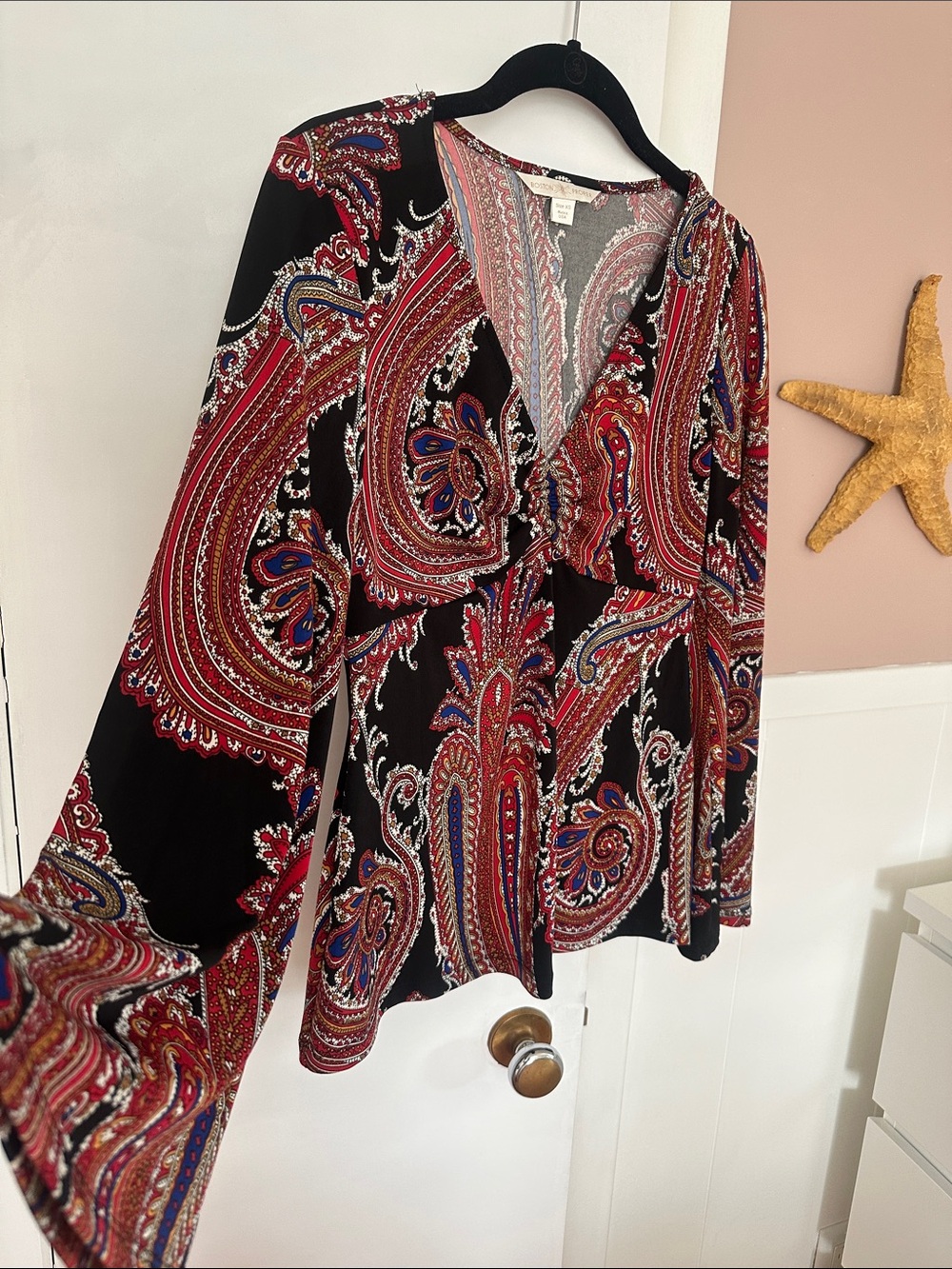 Boston Proper retro paisley print top, bell sleeve stretch top, empire waist top